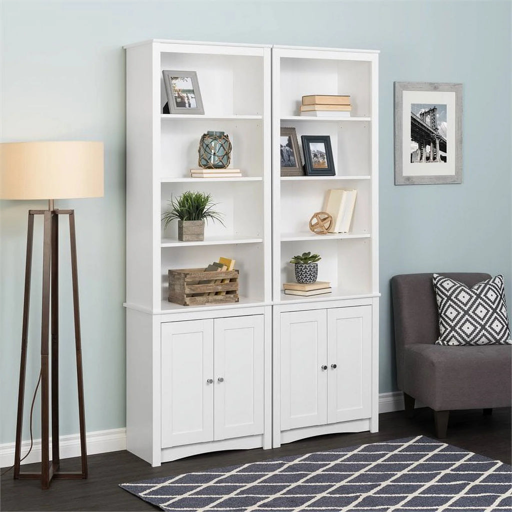 White 6-Shelf Bookcase with 2 Shaker Doors k7p