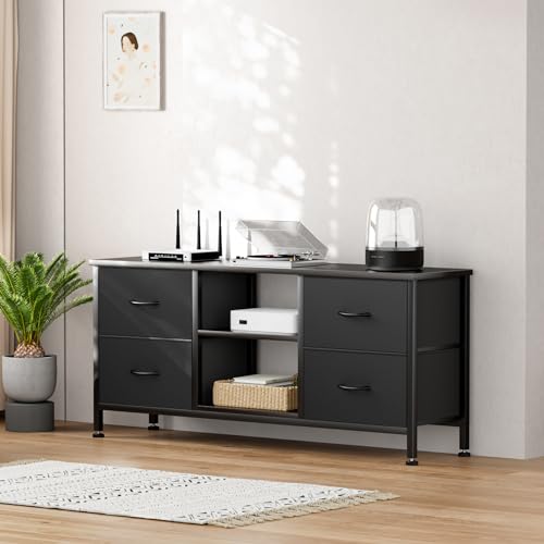 TV Stand with 4 Fabric Drawers for 50 Inch TV, Power Outlet, Black Wood Veins k7
