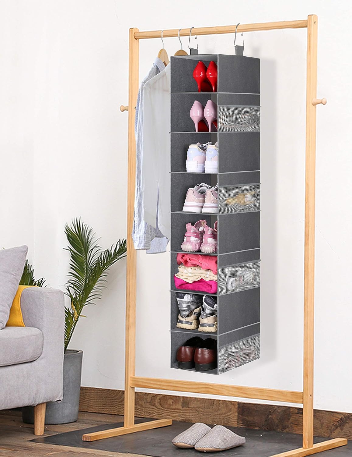 3-Tier Long Shoe Rack with 8-Shelf Hanging Organizer k7