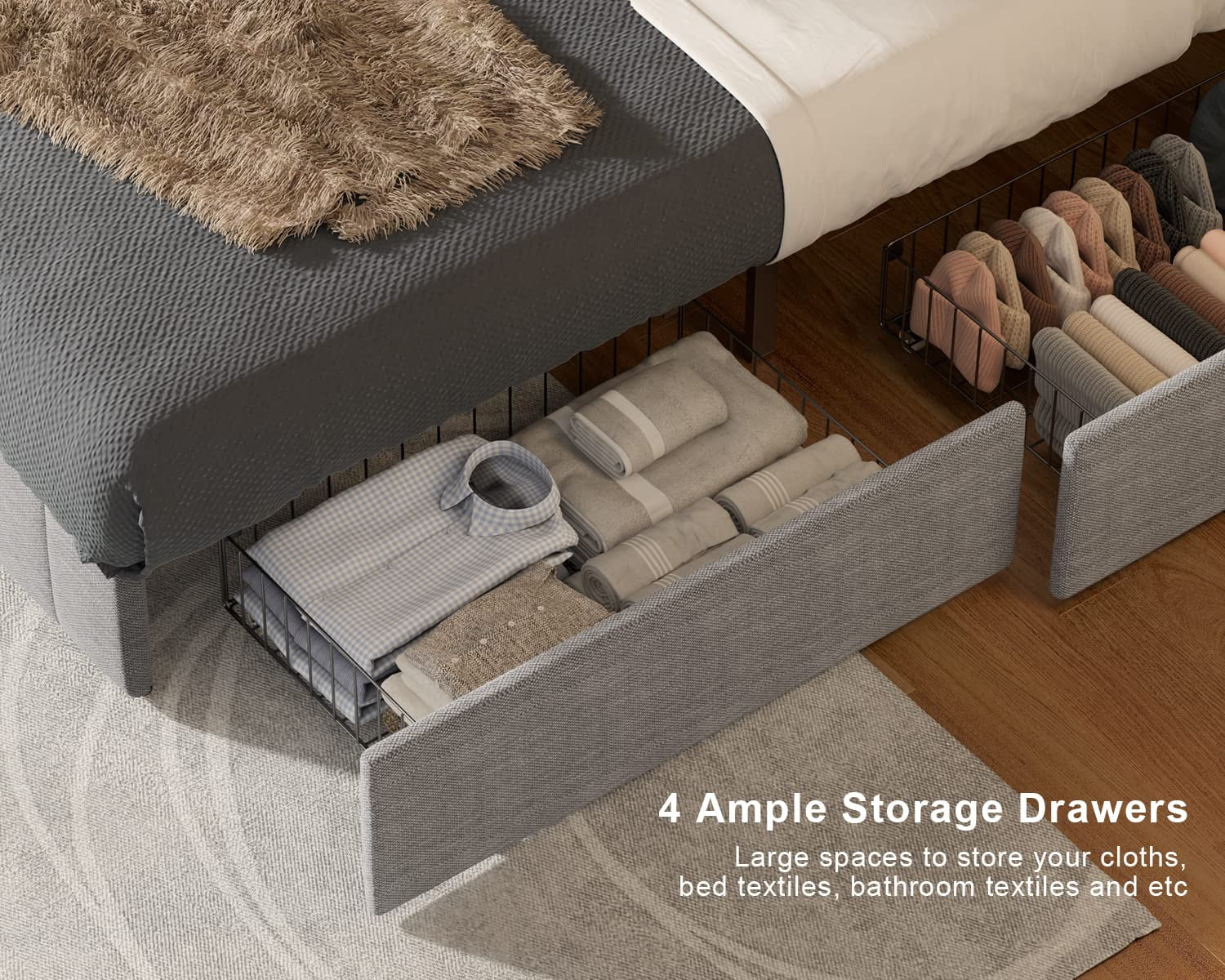 Bed Frame with Storage Drawers and Adjustable Headboard Grey k7m