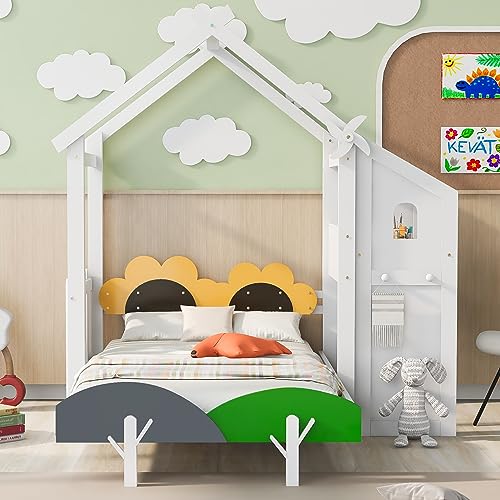House-Shaped Twin Platform Bed with Windmill Decor Solid Wood Kids Bed with Desk a7