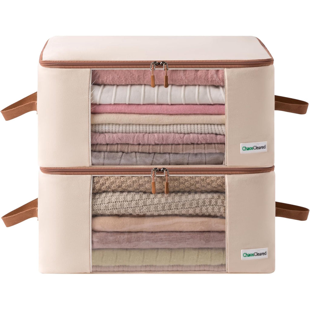 Canvas Clothing Storage 2 Bags Clothes Organizer folding fabric bags for sweaters, clothing, garment, bedding, quilt, linens, large folding organizers with zip &amp; window, mothproof underbed space save