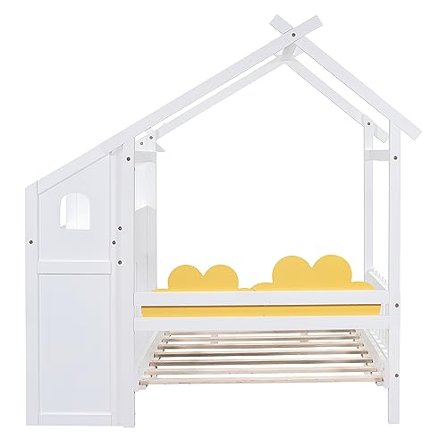 House-Shaped Twin Platform Bed with Windmill Decor Solid Wood Kids Bed with Desk a7