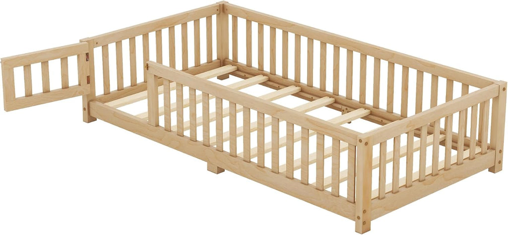 Twin Size Montessori Floor Bed with Door and Fence for Kids a7k
