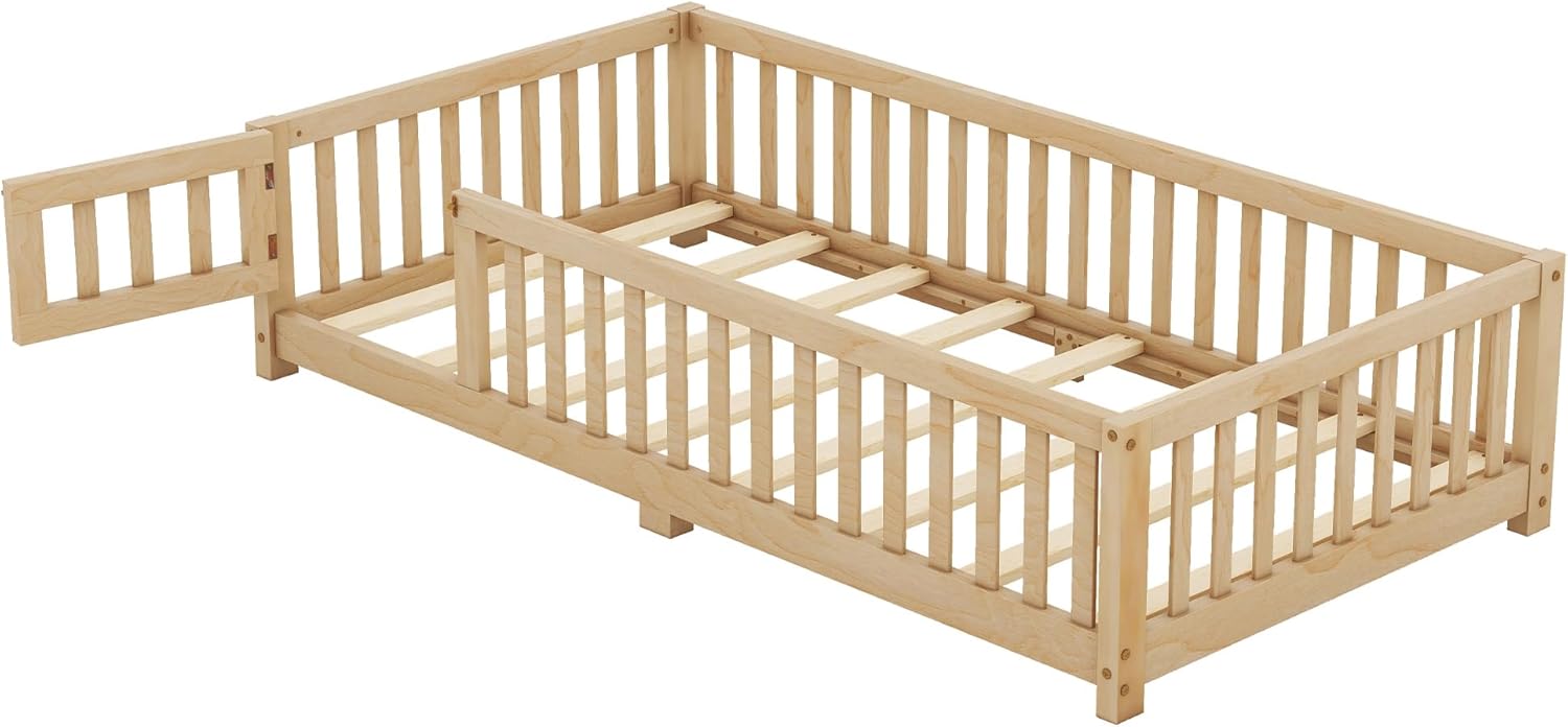 Twin Size Montessori Floor Bed with Door and Fence for Kids a7k