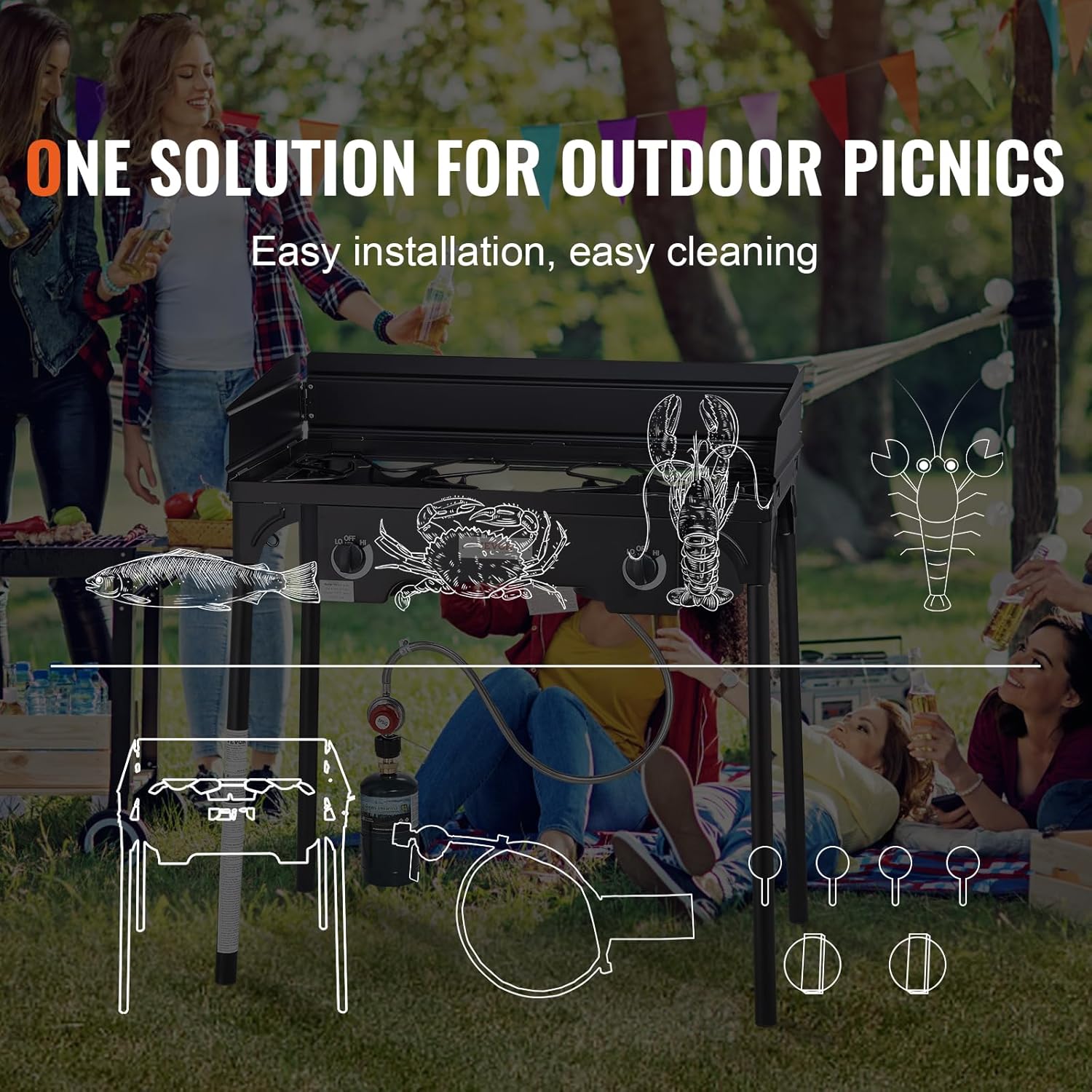 Outdoor Propane Burner 2 Burner Gas Cooker with Windscreen and Stand a7k
