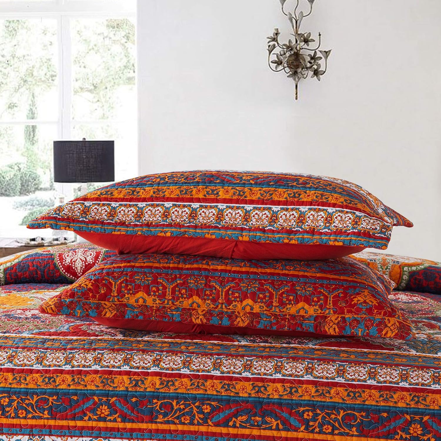 Cotton Bedspread Quilt Set Reversible Patchwork Coverlet Boho Floral q7