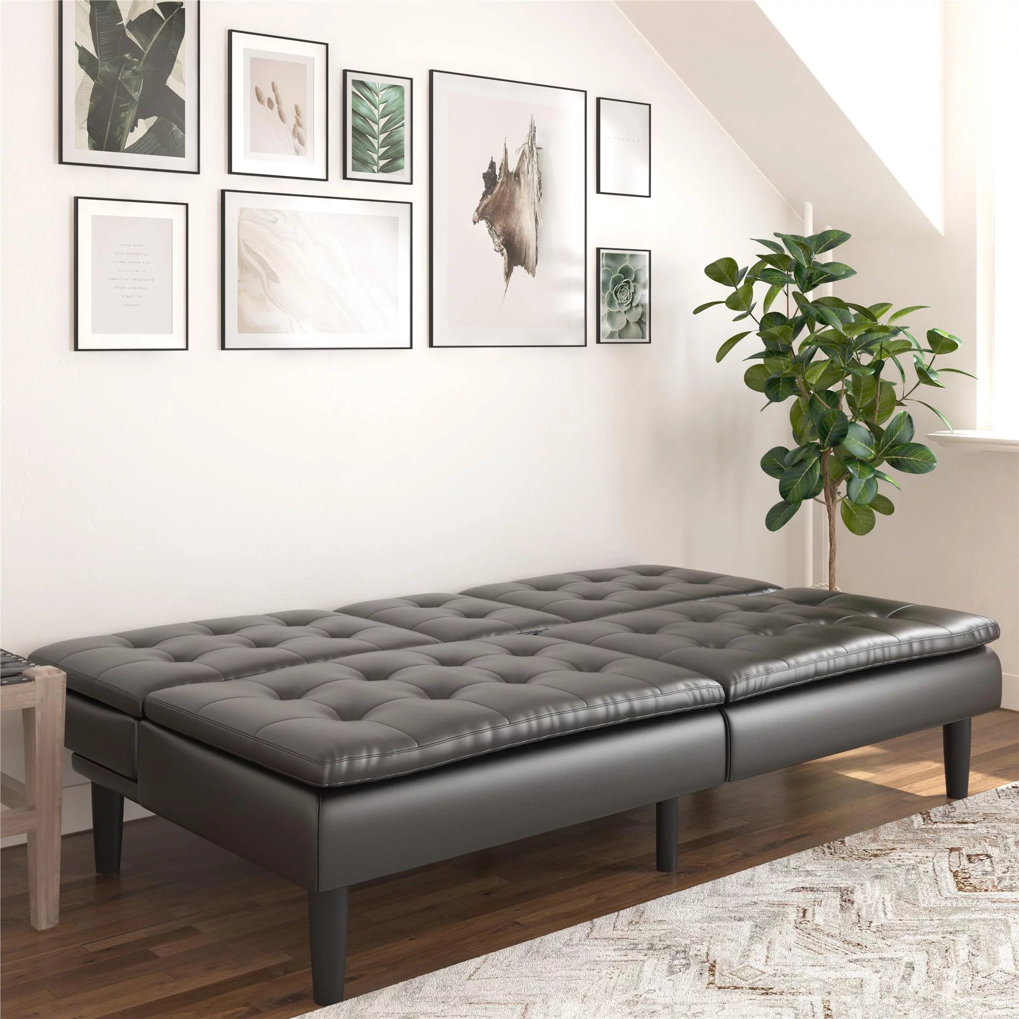 Memory Foam Futon with Cupholder and USB Black Faux Leather k7