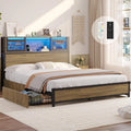 Full Size Metal Platform Bed Frame with 4 Storage Drawers and Charging Station, LED Bed Frame with Storage Headboard, Oak Grey