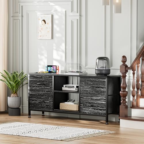 TV Stand with 4 Fabric Drawers for 50 Inch TV, Power Outlet, Black Wood Veins k7