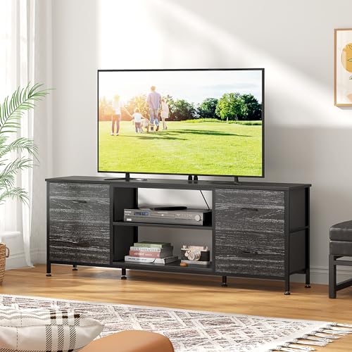 TV Stand with 4 Fabric Drawers for 50 Inch TV, Power Outlet, Black Wood Veins k7