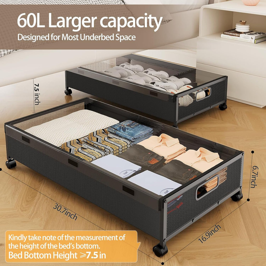 Under Bed Storage with Wheels 2 Pack Rolling Drawer for Clothes a7