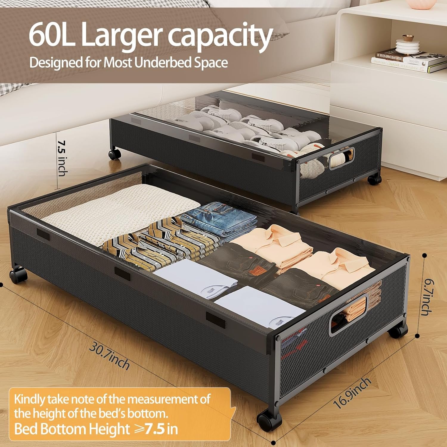 Under Bed Storage with Wheels 2 Pack Rolling Drawer for Clothes a7