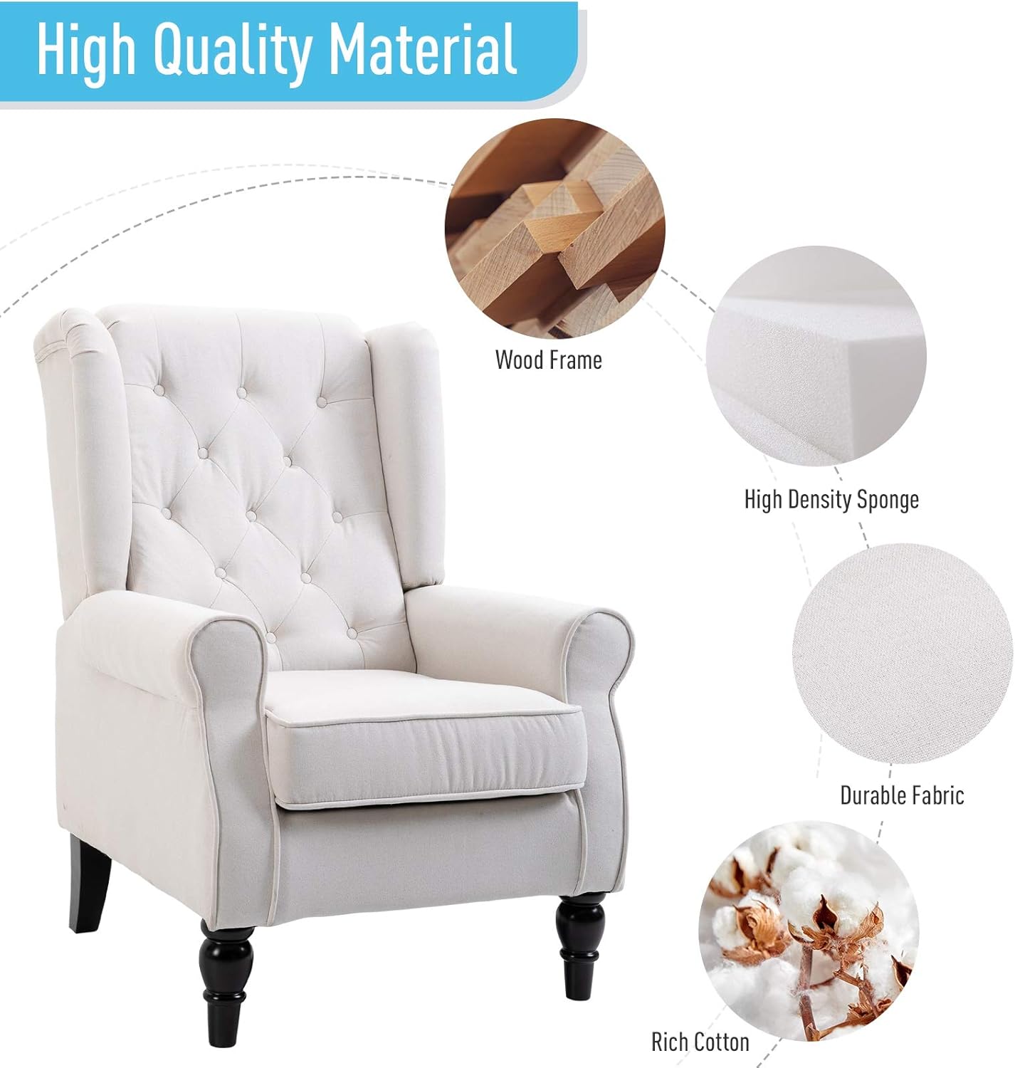 Button-Tufted Accent Chair with High Wingback, Set of 2, Cream White k7