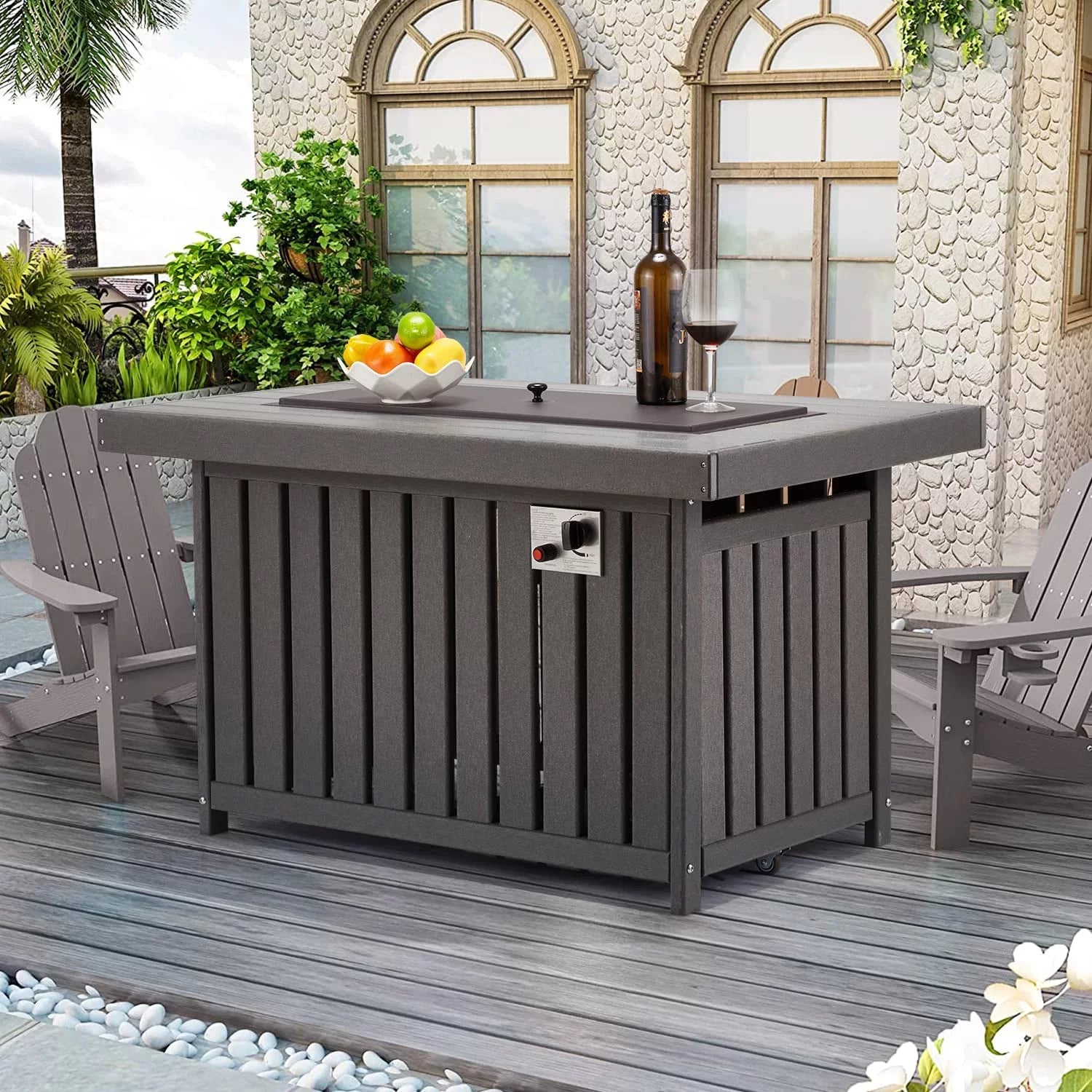 Erommy 43 Inch HDPE Propane Fire Pit Table, 50000 BTU Fire Pits with Lid and Fire Glass, for Deck, Outside Paito, CSA Certification, Gray