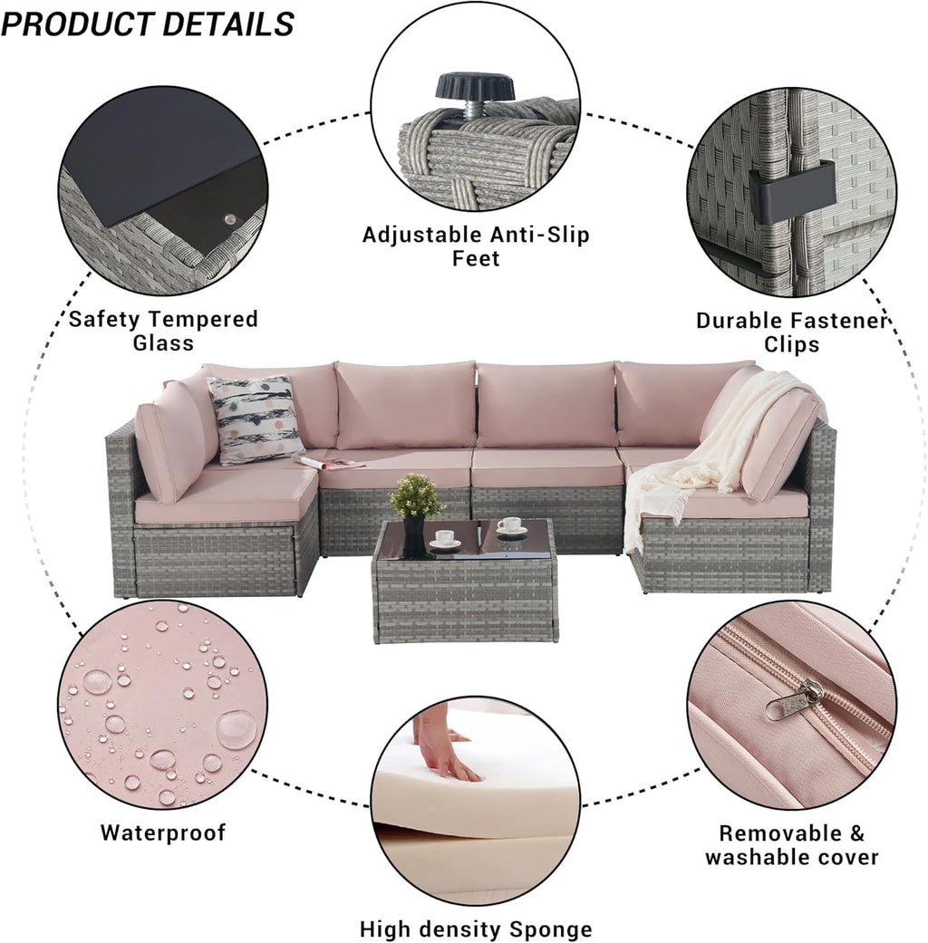 Outdoor Patio Conversation Set with Coffee Table, Beige wicker sectional sofa a7