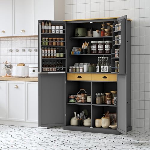 Farmhouse 77inch Kitchen Pantry, Freestanding Tall Cupboard Storage Cabinet with 3 Adjustable Shelves,8 Door Shelves and 3 Drawers,for Kitchen Dining Room (White@Pantry)
