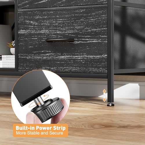 TV Stand with 4 Fabric Drawers for 50 Inch TV, Power Outlet, Black Wood Veins k7