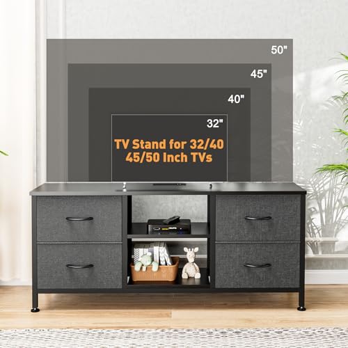TV Stand with 4 Fabric Drawers for 50 Inch TV, Power Outlet, Black Wood Veins k7