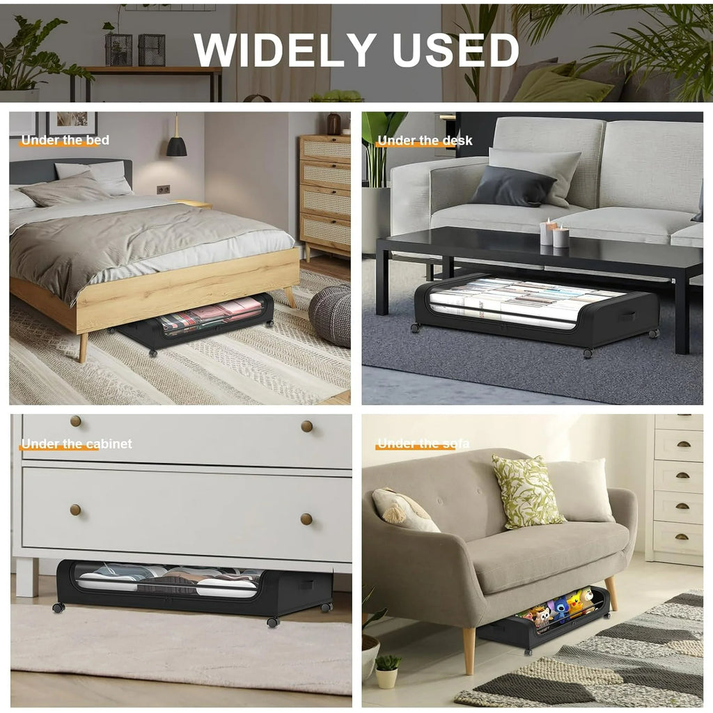 Under Bed Storage with Wheels 2 Pack, Large Rolling Containers with Lid, Black a7