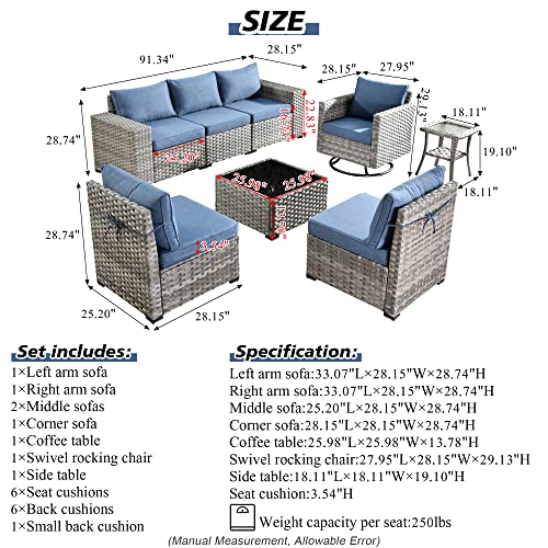 Outdoor Patio Sectional Sofa Set with Swivel Rocking Chair, 8 Piece Modern Wicker Couch a7