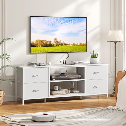 TV Stand with 4 Fabric Drawers for 50 Inch TV, Power Outlet, Black Wood Veins k7