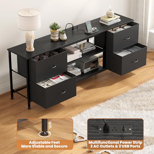 TV Stand with 4 Fabric Drawers for 50 Inch TV, Power Outlet, Black Wood Veins k7