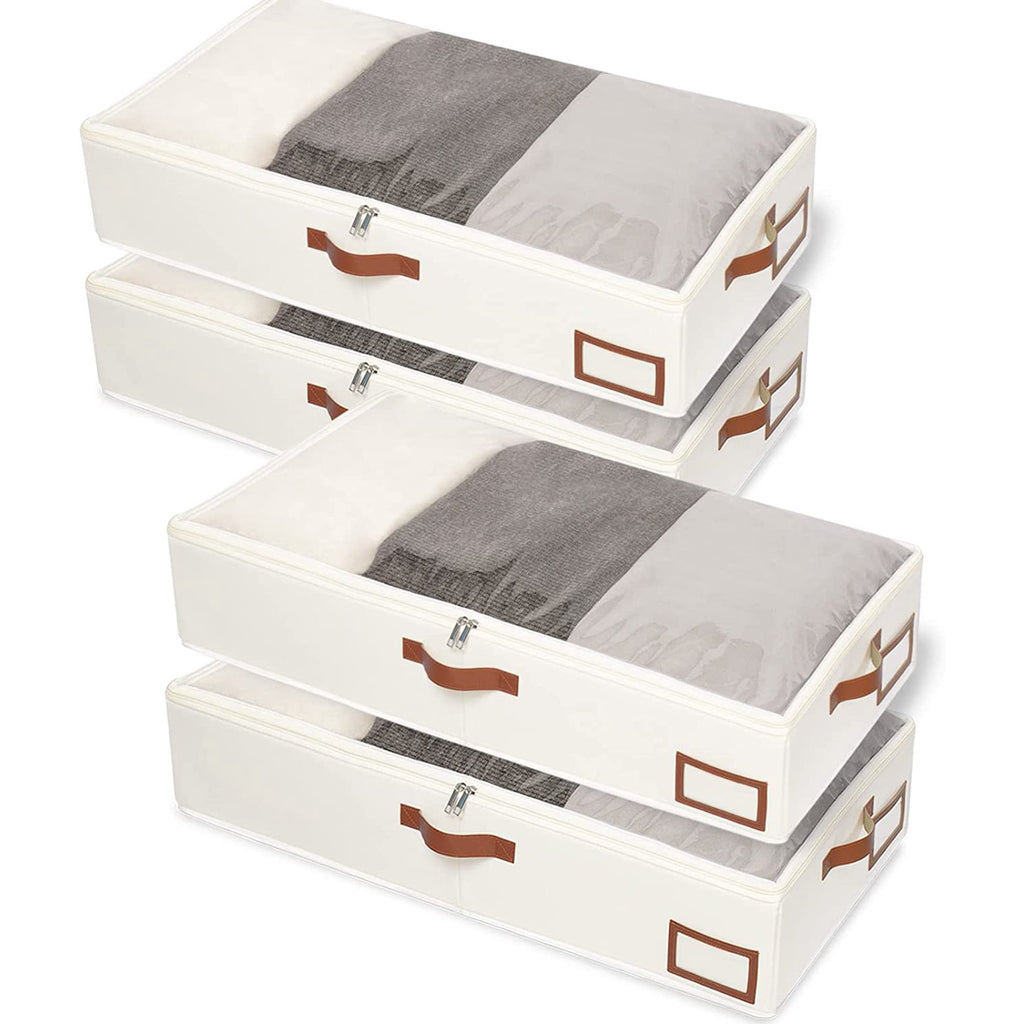Under Bed Storage Containers, 4 Pack, Bin with Lids, Collapsible Closet Organizers, with Sorting Card Slot and 4 Leather Handles, for Blanket, Bedding, 31.5''Lx15.7''Wx6''H, Beige