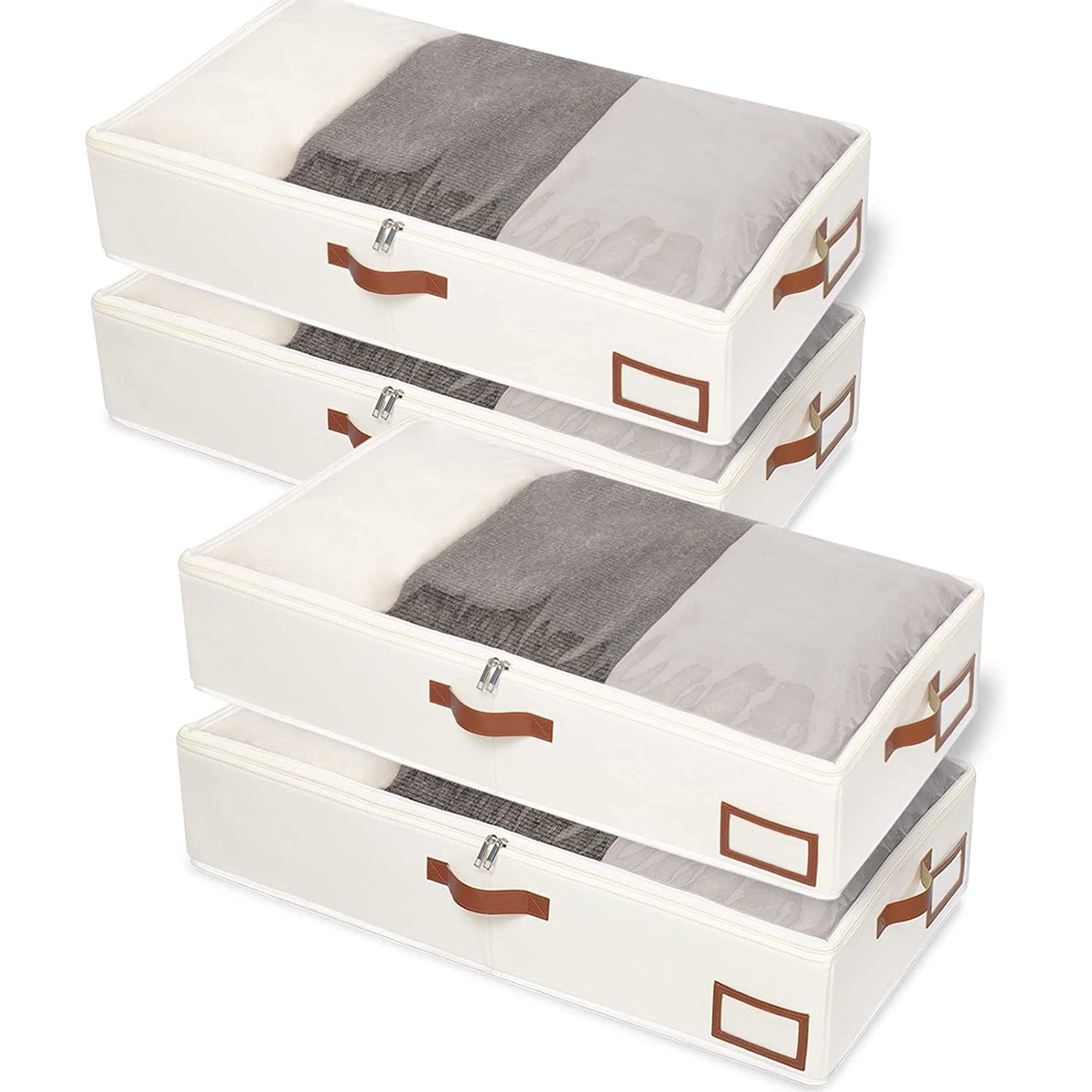 Under Bed Storage Containers, 4 Pack, Bin with Lids, Collapsible Closet Organizers, with Sorting Card Slot and 4 Leather Handles, for Blanket, Bedding, 31.5''Lx15.7''Wx6''H, Beige