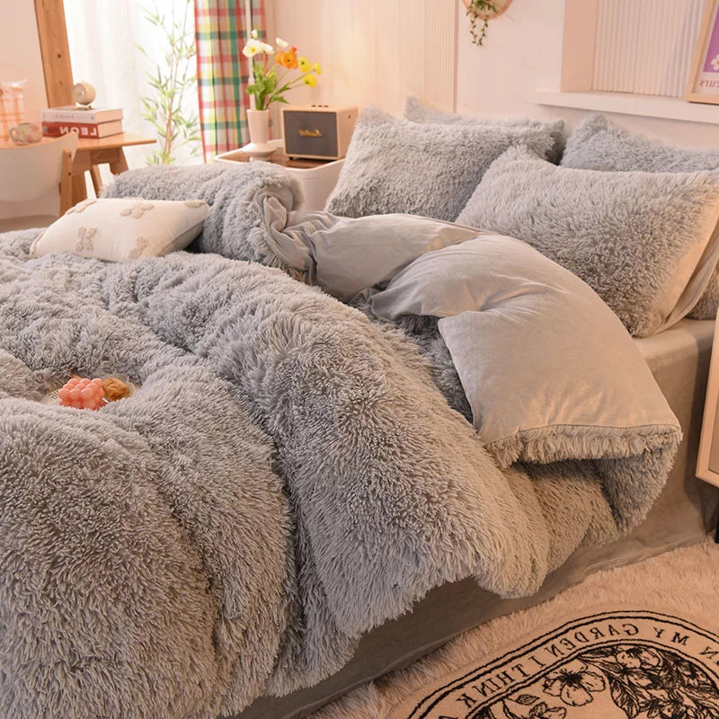 Plush Shaggy Duvet Cover Set 3 Piece Faux Fur Bedding with 2 Pillow Cases Light Gray Full Size k7