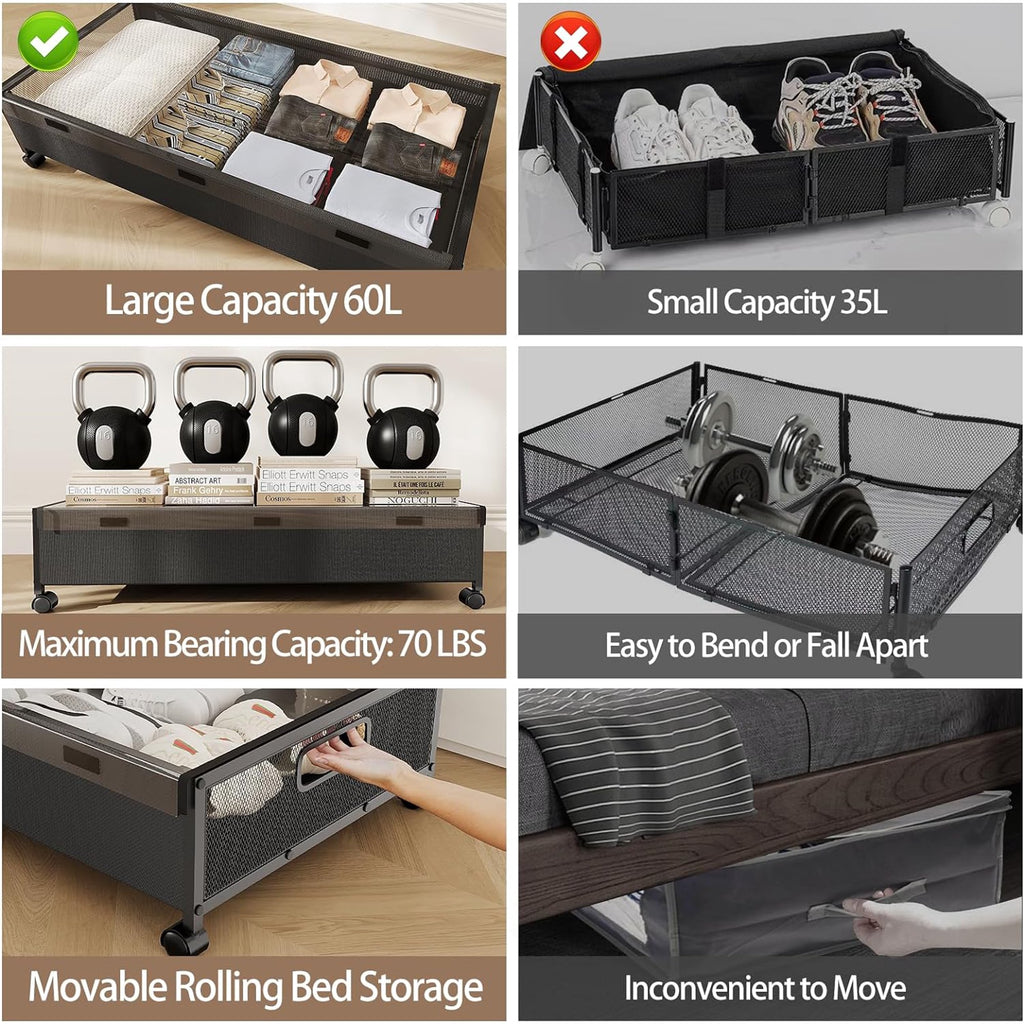 Under Bed Storage with Wheels 2 Pack Rolling Drawer for Clothes a7
