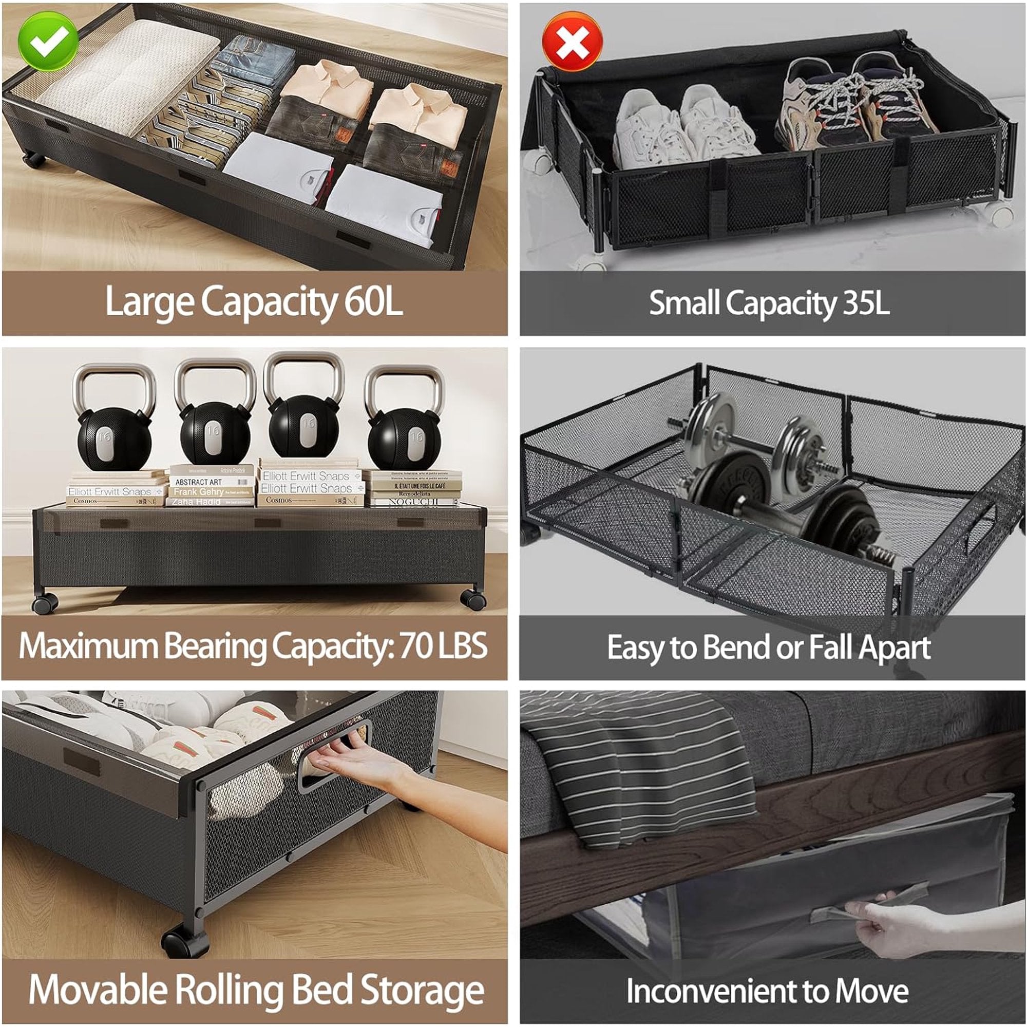 Under Bed Storage with Wheels 2 Pack Rolling Drawer for Clothes a7