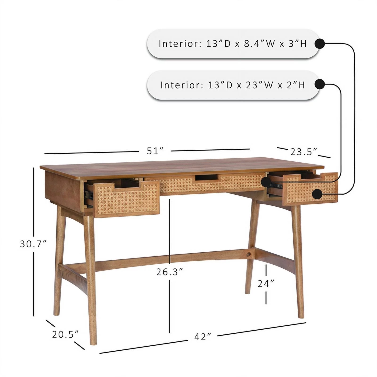 Rattan Wood Desk with Drawers Natural k7m