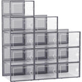Large Shoe Organizers Storage Boxes for Closet, 12 Pack Clear Plastic Stackable Storage Bins with Lids, Under Bed Shoe Containers for Entryway, Drop Front, Fit up to Women's Size 10,Dark Gray