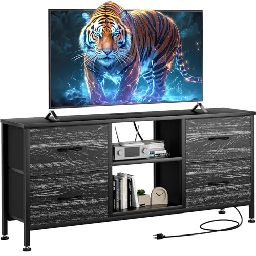 TV Stand with 4 Fabric Drawers for 50 Inch TV, Power Outlet, Black Wood Veins k7