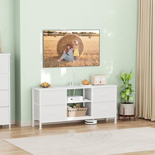 TV Stand with 4 Fabric Drawers for 50 Inch TV, Power Outlet, Black Wood Veins k7