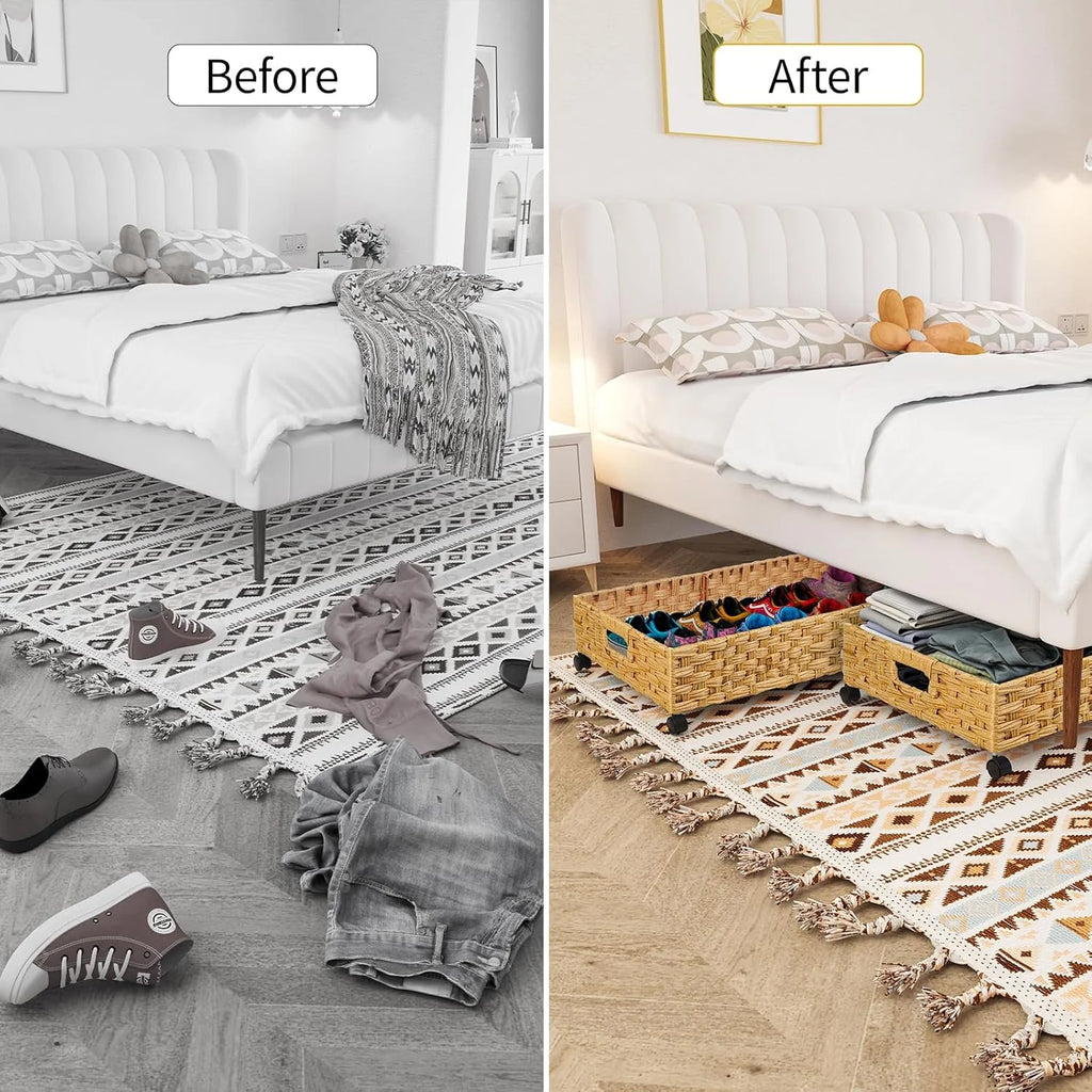 Under Bed Storage Containers with Wheels, 2 Pack 31.5in Rattan Organizer Drawer a7