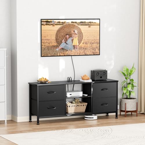 TV Stand with 4 Fabric Drawers for 50 Inch TV, Power Outlet, Black Wood Veins k7