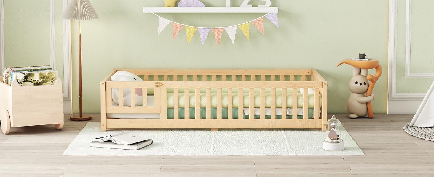 Twin Size Montessori Floor Bed with Door and Fence for Kids a7k