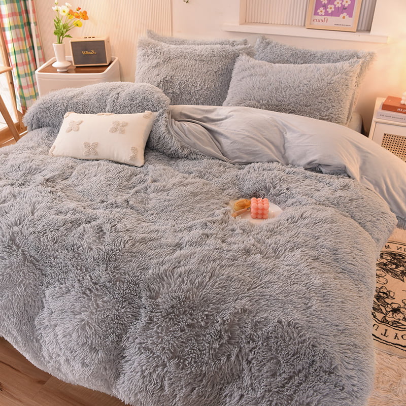 Plush Shaggy Duvet Cover Set 3 Piece Faux Fur Bedding with 2 Pillow Cases Light Gray Full Size k7