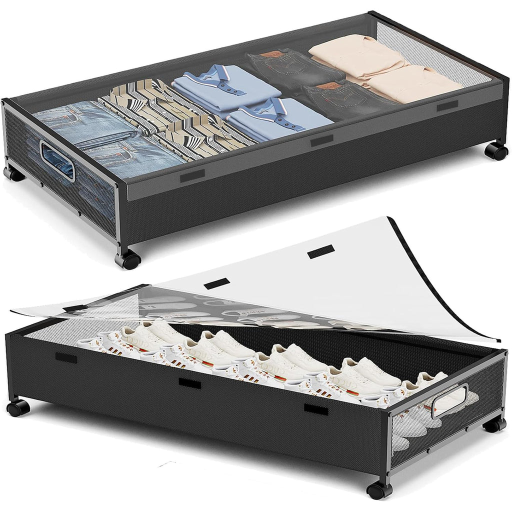 Under Bed Storage with Wheels,2 Pack Under Bed Shoe Storage, Under the Bed Storage Drawers with Remove Window, Extra Large Rolling Under Bed Storage Metal Drawer for Clothes (Black-2 pack)