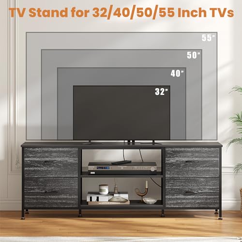 TV Stand with 4 Fabric Drawers for 50 Inch TV, Power Outlet, Black Wood Veins k7