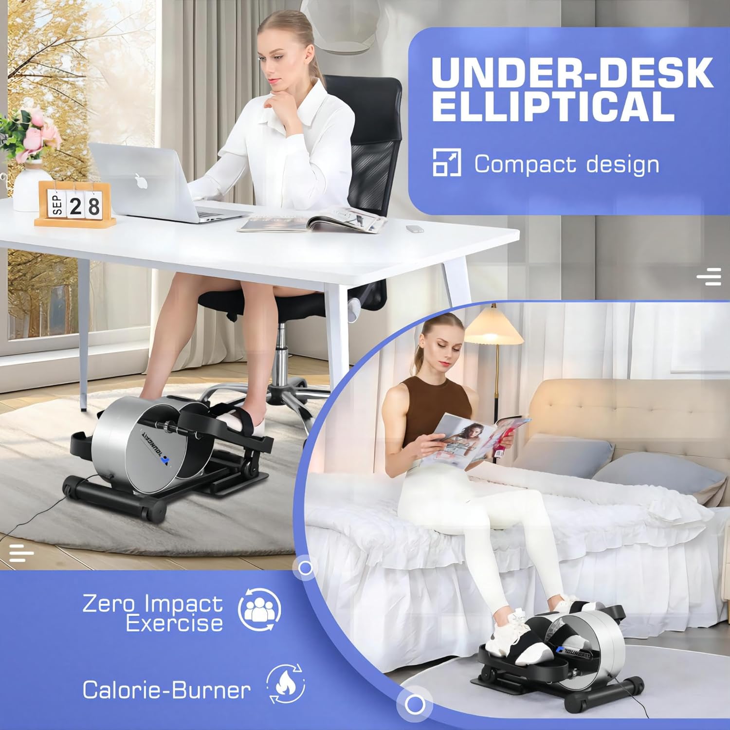 Under Desk Elliptical Seated Foot Pedal Exerciser with App and LCD Display k7p
