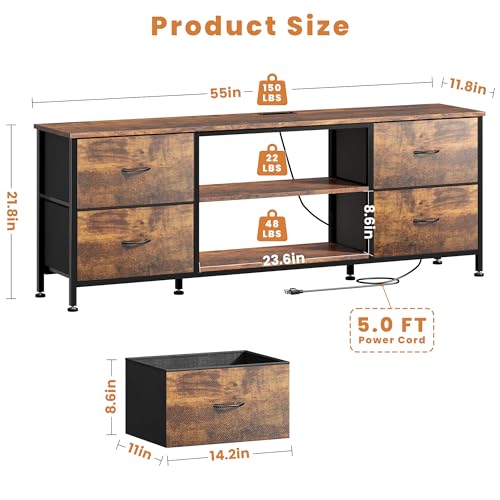 TV Stand with 4 Fabric Drawers for 50 Inch TV, Power Outlet, Black Wood Veins k7