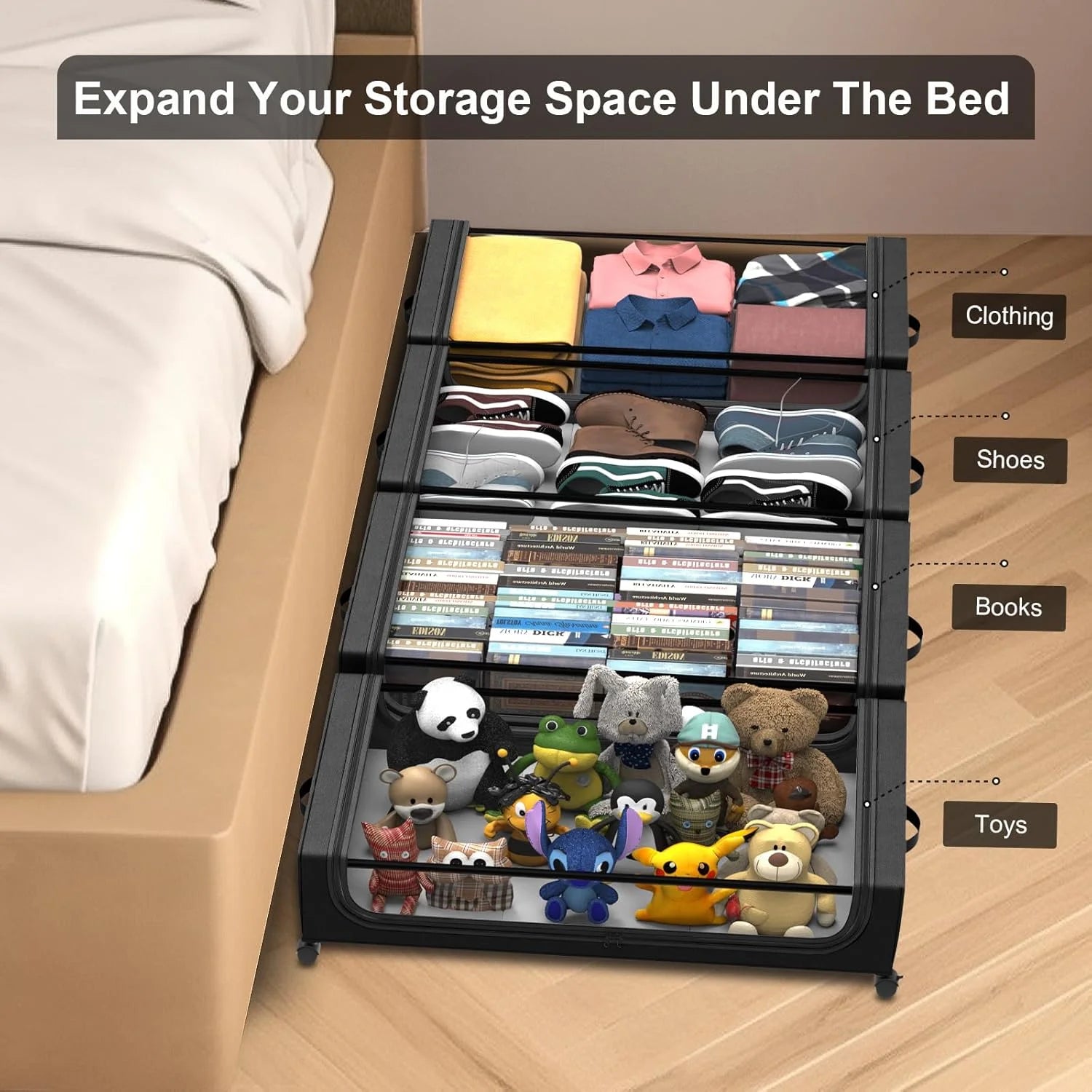 Under Bed Storage with Wheels 2 Pack, Large Rolling Containers with Lid, Black a7