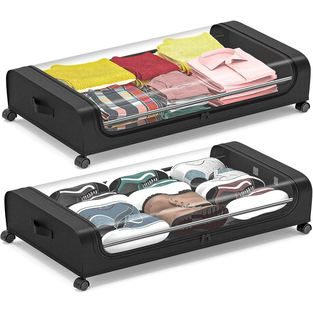 Under Bed Storage with Wheels 2 Pack, Large Rolling Containers with Lid, Black a7