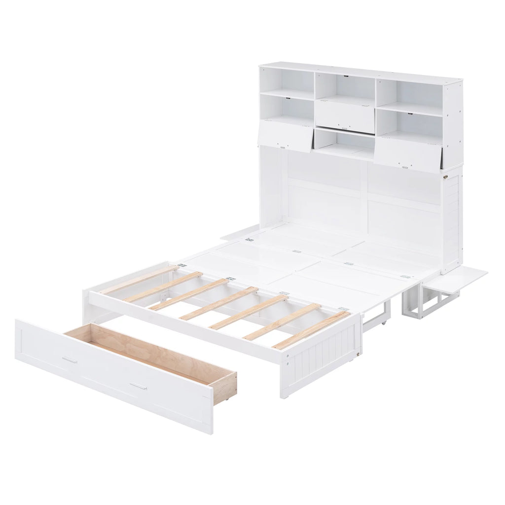 Queen Murphy Bed with Bookcase and Drawer White k7m