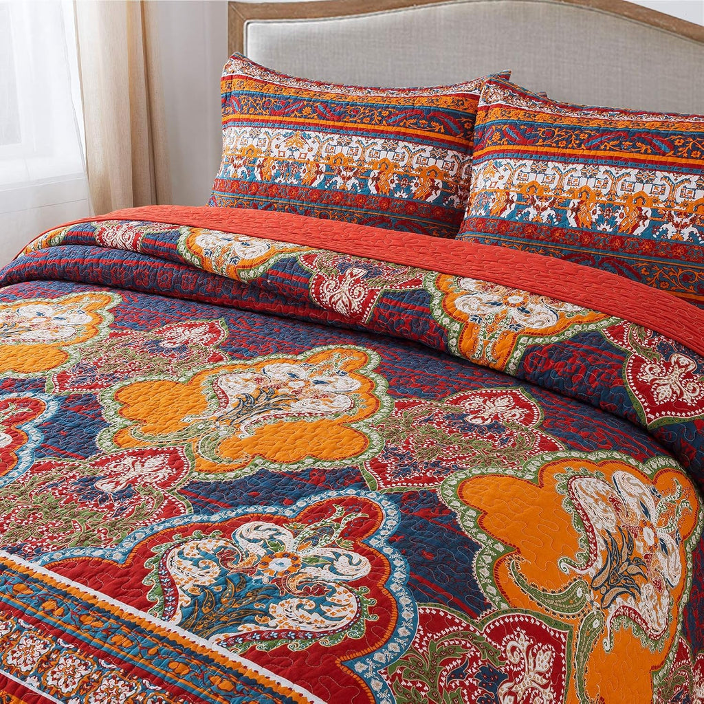 Cotton Bedspread Quilt Set Reversible Patchwork Coverlet Boho Floral q7