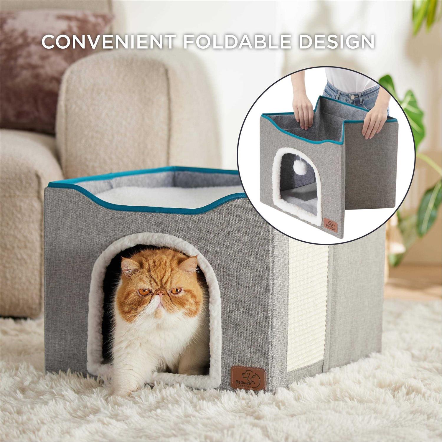 Large Cat Cave Bed with Hanging Ball and Scratch Pad k7m