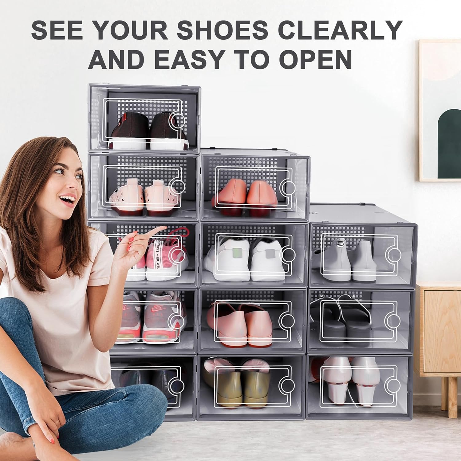 Clear Plastic Stackable Shoe Storage Bins with Lids, 12 Pack, Dark Gray k7